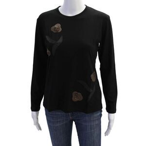 Natto Womens Floral Applique Long Sleeve Stretch Blouse Black Size XL